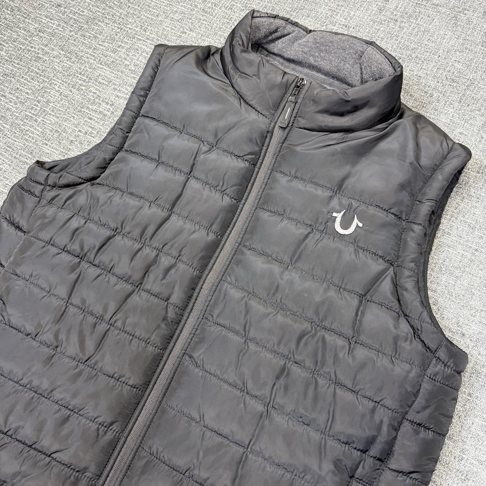 True Religion Puffer Vest Mens‎ Large Black Full Zip Quilted Logo